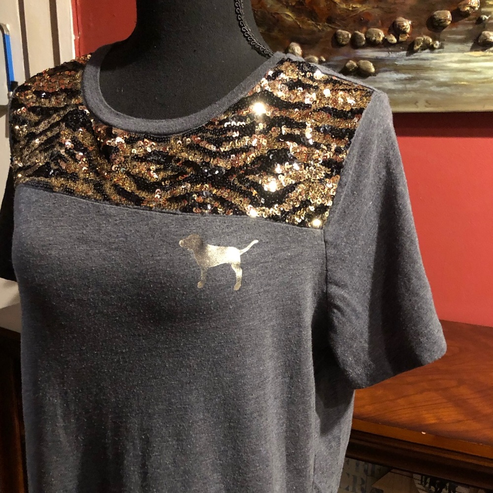 PINK Victoria's Secret Charcoal Tee with RoseGold and Black Sequin Accent